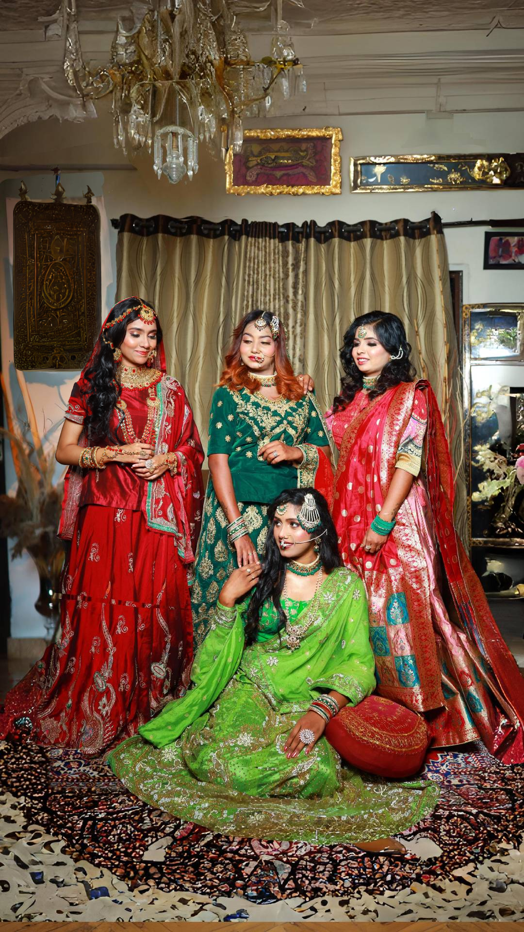 Four brides in coordinated outfits