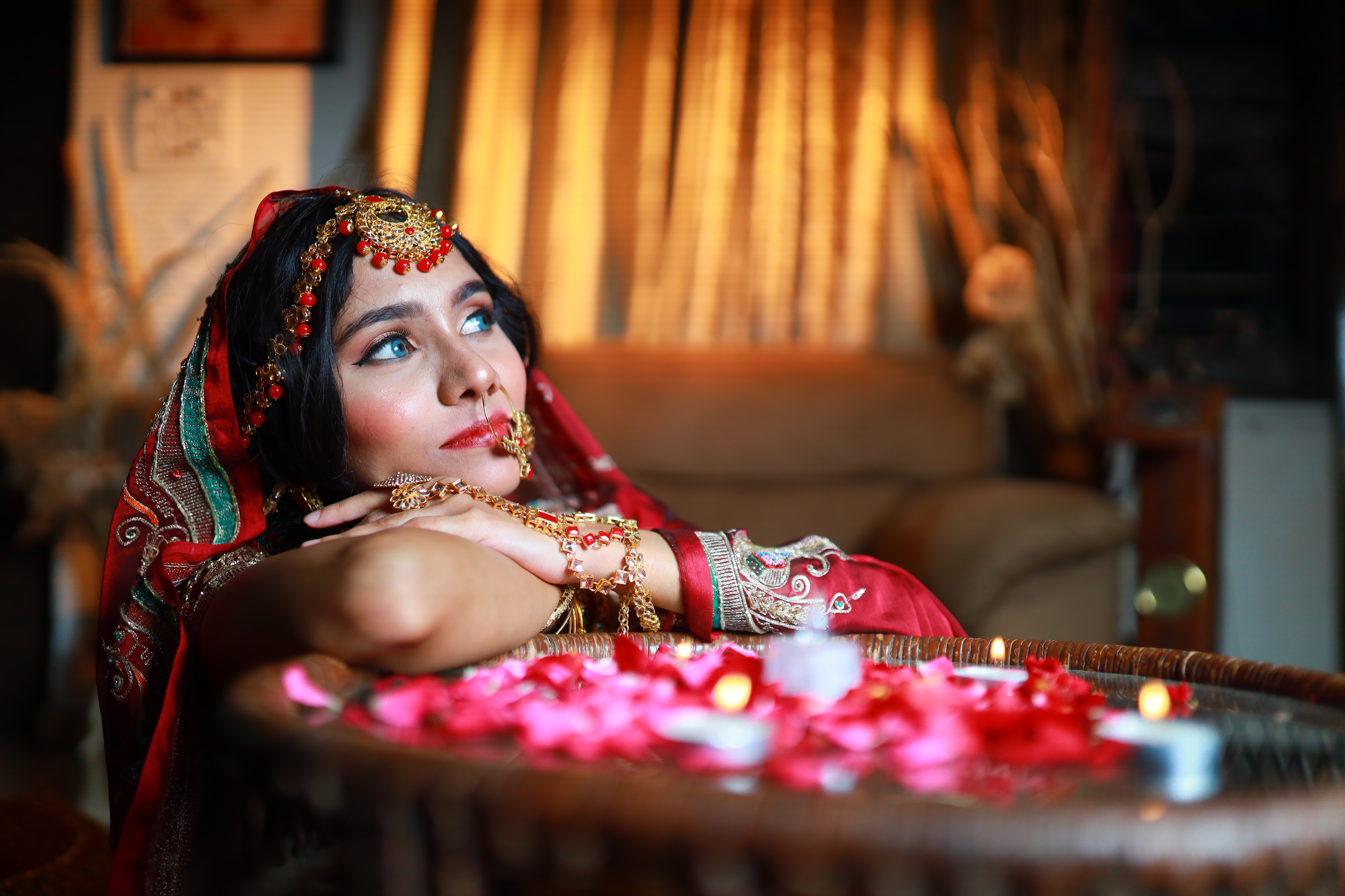 Orange bridal seated portrait